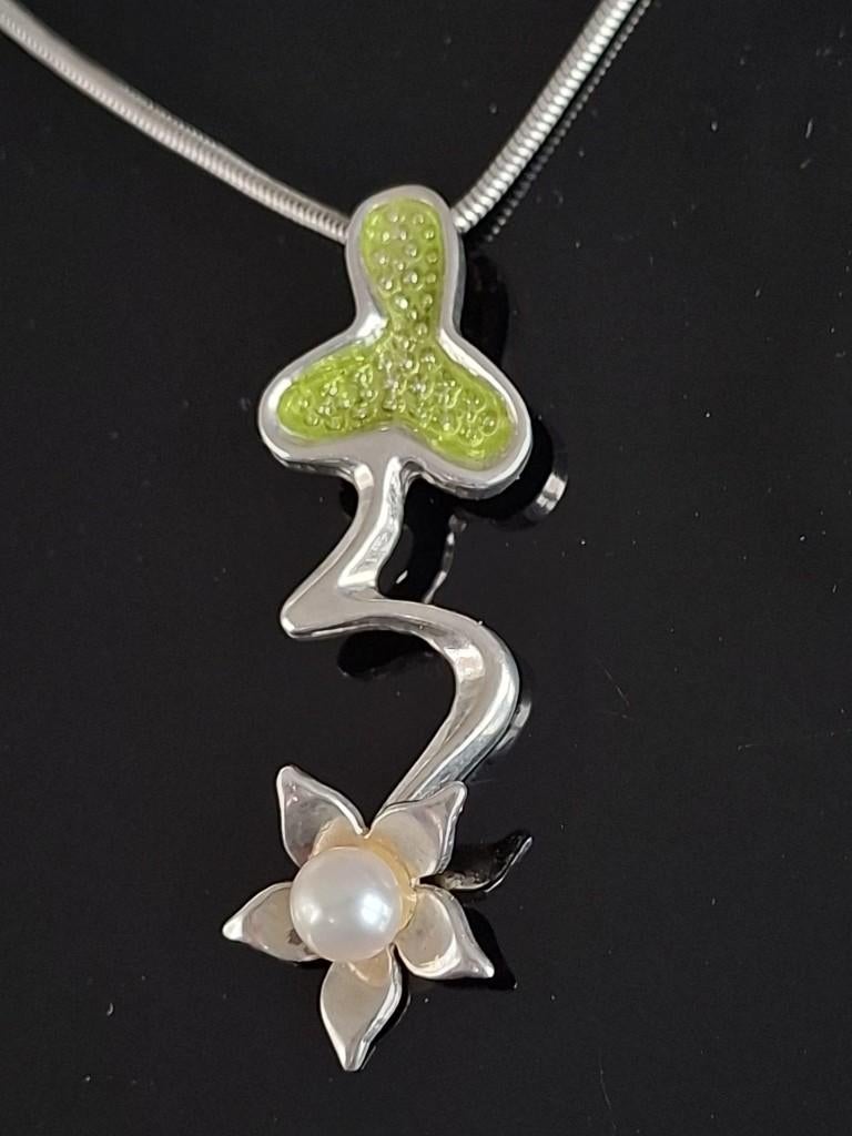 Schitterende Sterling Zilveren Ketting & Parel Bloem Hanger, Ophalen of Verzenden, Zilver, Ketting, Met edelsteen