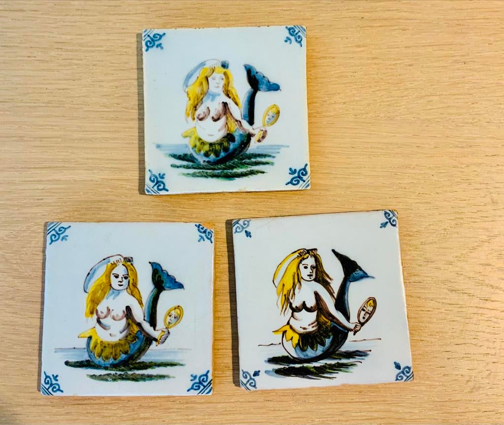 Antieke Carrelages Faience tegels met zeemeermin, 19e eeuw, Ophalen of Verzenden