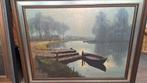 Schilderij Jos van Dijke - Rivierlandschap met boot, Ophalen