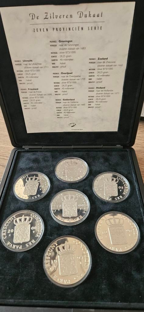 Zilveren DUKATEN set 7 provincies l proof in orginele doos, Setje, Koningin Beatrix, Zilver, Overige waardes