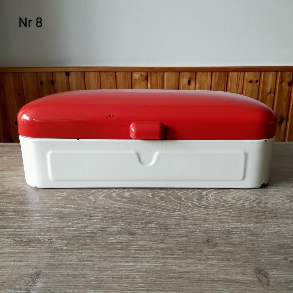 EMAILLE CRÈME/WITTE BROODTROMMEL MET RODE DEKSEL., Ophalen of Verzenden