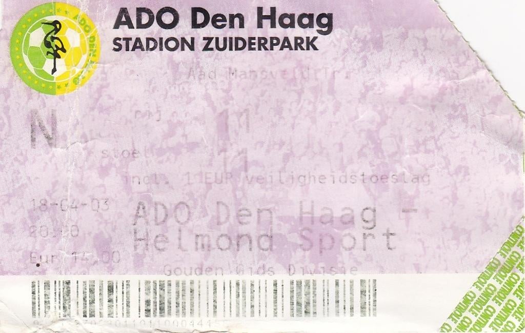 Ticket; ADO Den Haag v Helmond Sport 18-04-2003, Verzenden, Gebruikt, Overige binnenlandse clubs, Overige typen