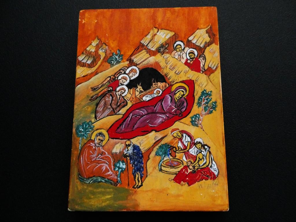 Een handbeschilderd Icoon afbeelding kerst kerststal, Antiek en Kunst, Ophalen of Verzenden