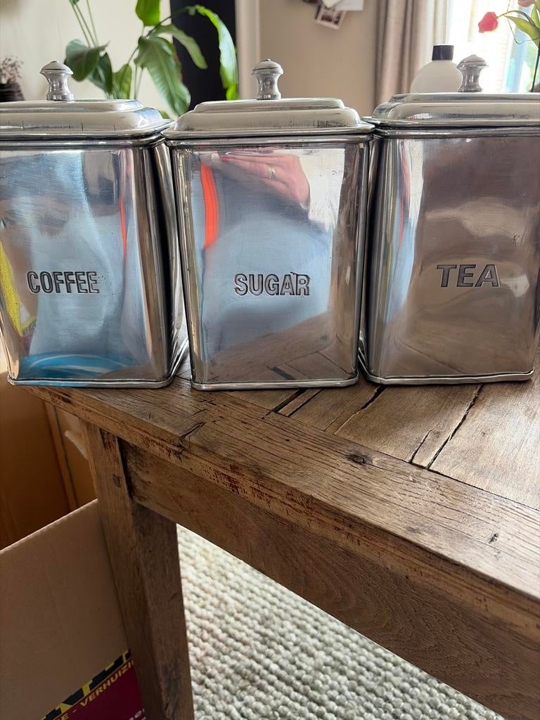 Set van 3 vintage voorraadblikken: koffie, suiker, thee, Ophalen of Verzenden