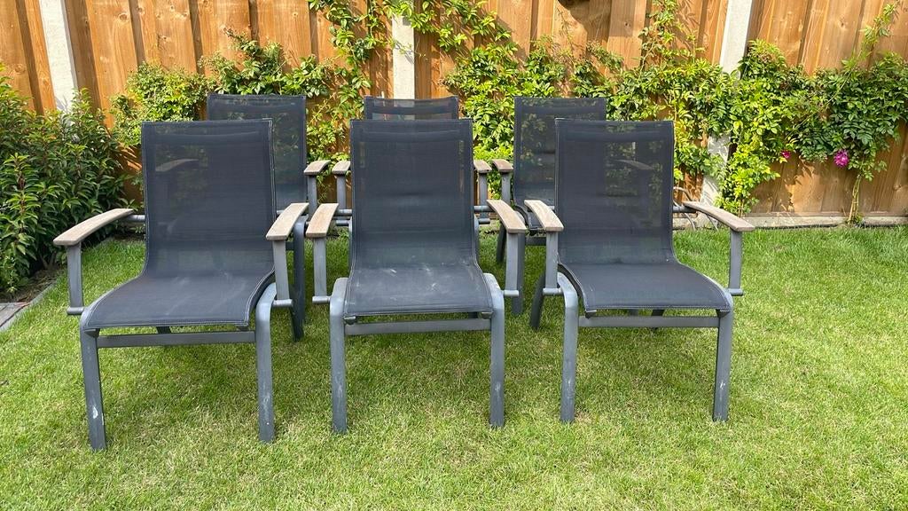 6x Hartman tuinstoelen met armleuning - Grijs/Zwart, Ophalen, Gebruikt, Metaal, Stapelbaar