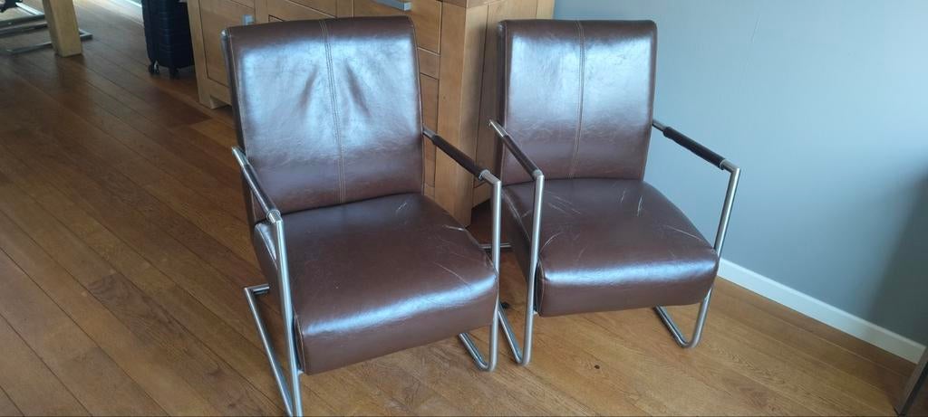 2x Bruine nepleren fauteuils, Huis en Inrichting, Fauteuils, Ophalen, Gebruikt, Minder dan 75 cm, Modern