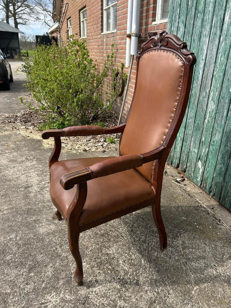 Antieke fauteuil met lederen bekleding, Antiek en Kunst, Ophalen