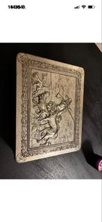 Oud zilverkleurig koekblik met jager en honden opdruk, Verzamelen, Blikken, Ophalen of Verzenden, Gebruikt, Koek(jes), Overige merken