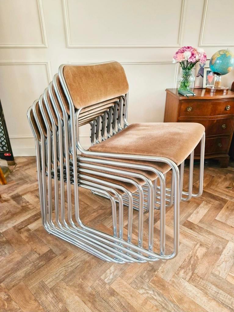 Set jaren 70 designer eetkamerstoelen, Ophalen of Verzenden, 110 cm of meer