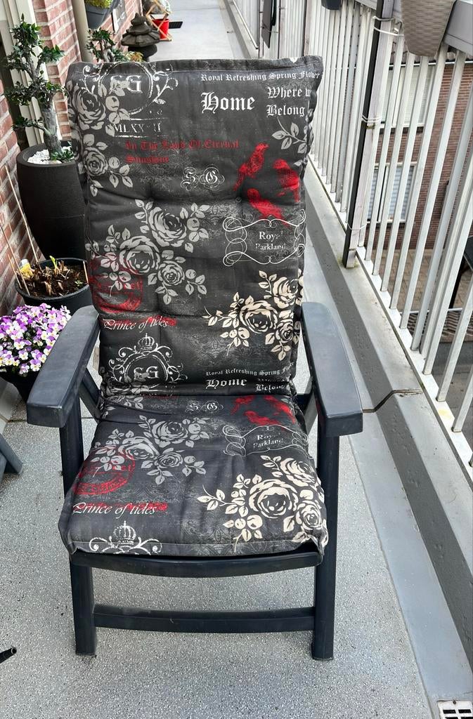 Gratis Jardin 2 tuinstoelen met kussens - donkergrijs, Tuin en Terras, Tuinstoelen, Ophalen, Gebruikt, Kunststof, Inklapbaar