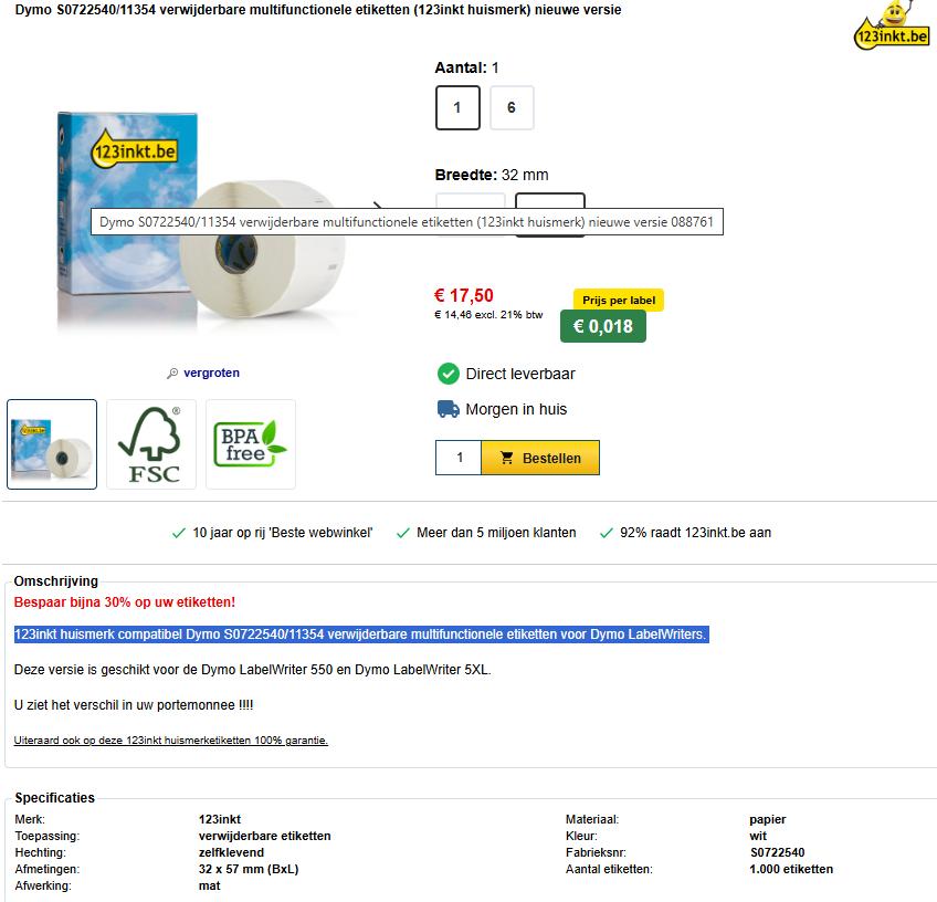 3 x 123inkt compatibel Dymo label 57x32 /11354 verwijderbaar, Nieuw, Ophalen of Verzenden, Dymo LabelWriter, Azerty