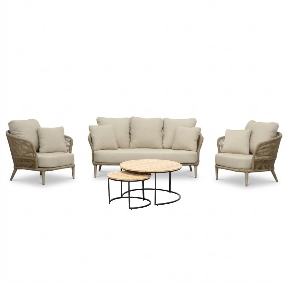 Palermo stoel-bank loungeset beige met teakhouten tafels, Ophalen, 5 zitplaatsen, Aston Martinlaan 36, Teakhout