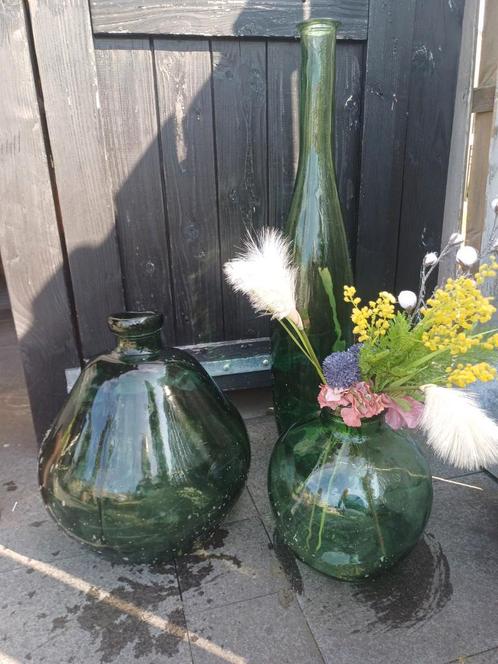 Grote. Groene Glazen Vazen Set - Eyecatcher!, Huis en Inrichting, Woonaccessoires | Vazen, Gebruikt, Groen, 75 cm of meer, Glas