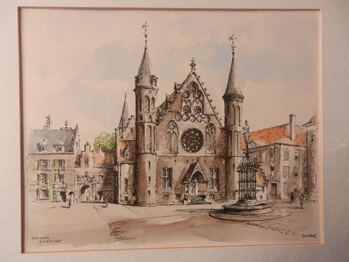 Ingekleurde litho Binnenhof Ridderzaal Den Haag Bob Brobbel, Antiek en Kunst, Kunst | Litho's en Zeefdrukken, Ophalen of Verzenden