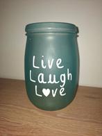 Leuke glazen pot met opschrift LIVE LAUGH LOVE, Ophalen, Gebruikt