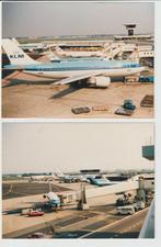 2 foto's KLM vliegtuigen op schiphol vliegveld 1986, Gebruikt, Ophalen of Verzenden, Kaart, Foto of Prent