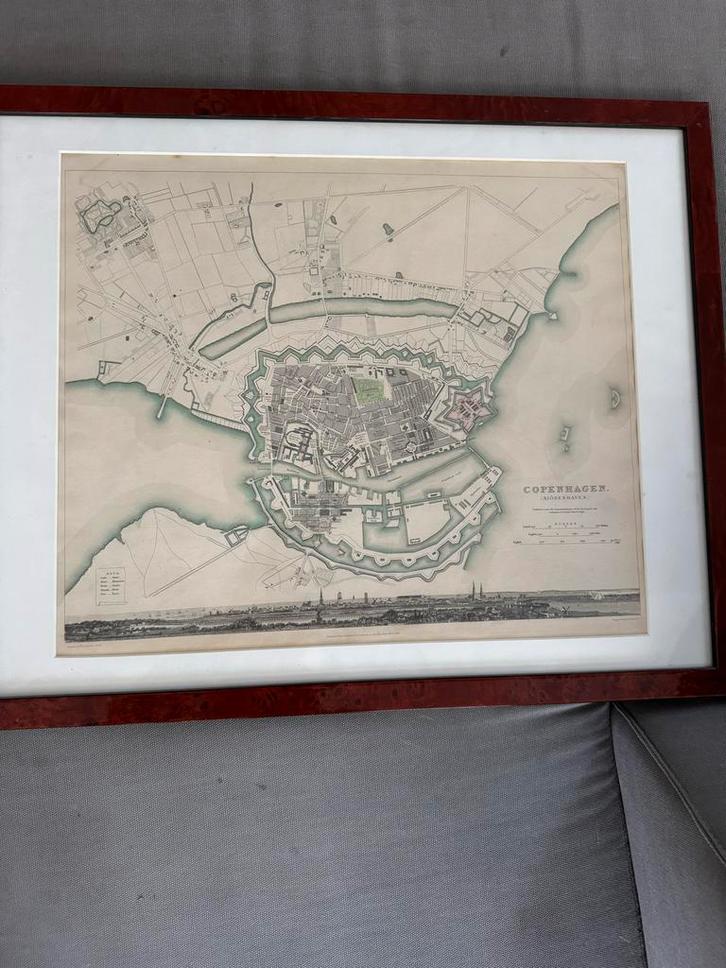 Oude Kaart Kopenhagen + Lijst, Boeken, Atlassen en Landkaarten, Gelezen, Landkaart, Europa Overig, 1800 tot 2000, Ophalen