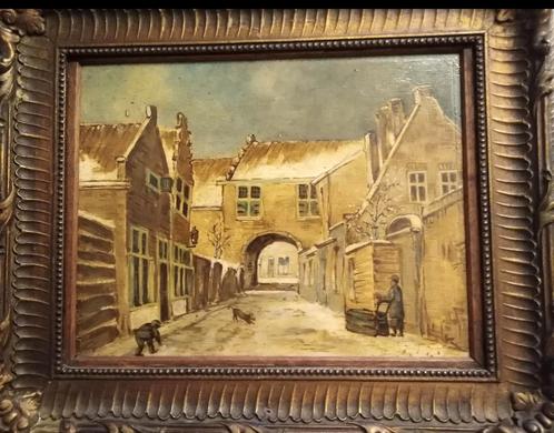 Een prachtig schilderij van een besneeuwde binnenplaats., Antiek en Kunst, Kunst | Schilderijen | Klassiek, Ophalen of Verzenden
