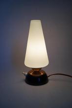 vintage tafellampje wit glas messing kunststof midcentury., Gebruikt, Vintage, Ophalen of Verzenden, Glas
