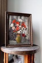 Antiek poppy flower schilderij getekend uit 1943, Antiek en Kunst, Kunst | Schilderijen | Klassiek, Ophalen of Verzenden