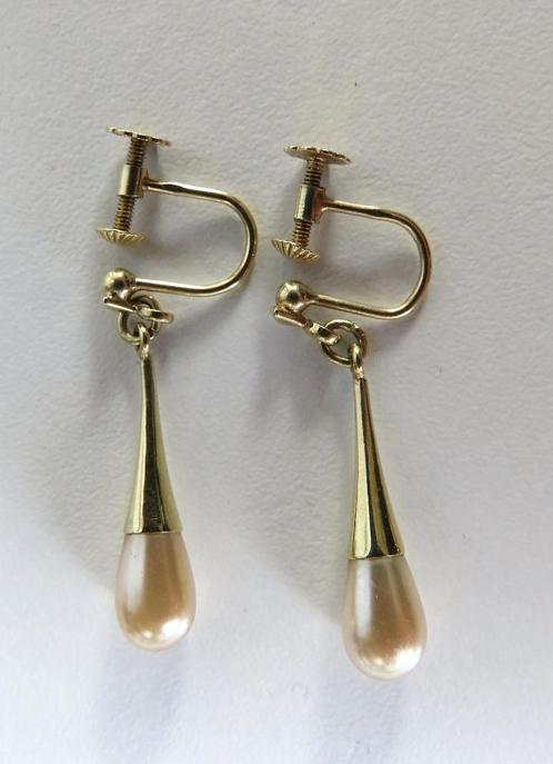 Antieke Gouden 14 kt. Parel schroef oorhangers, Sieraden, Tassen en Uiterlijk, Antieke sieraden, Oorbellen, Goud, Met edelsteen