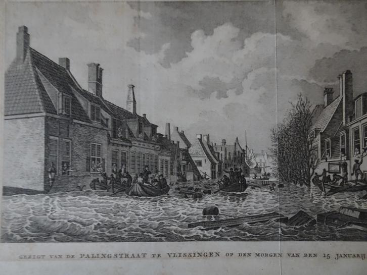 Gravure Overstroming Palingstraat te Vlissingen 15 jan 1808, Antiek en Kunst, Kunst | Etsen en Gravures, Verzenden