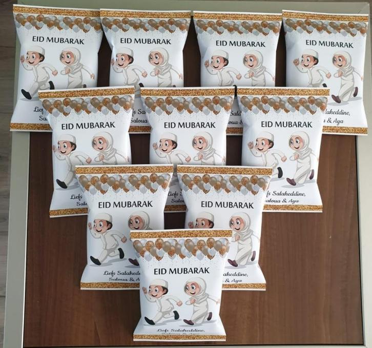 Traktatie zakje chips met thema EID MUBARAK, Hobby en Vrije tijd, Feestartikelen, Nieuw, Feestartikel, Verjaardag, Ophalen of Verzenden