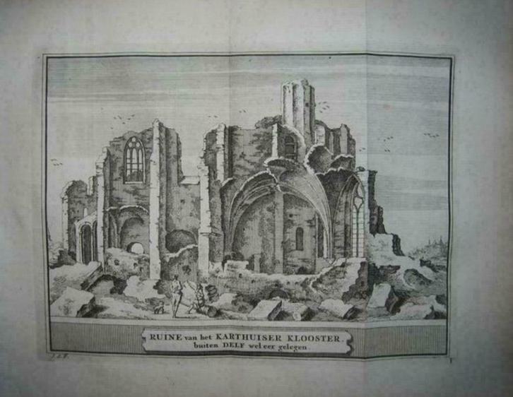 29 / Delft Ruïne  Karthuizer Klooster Kopergravure 1736, Antiek en Kunst, Kunst | Etsen en Gravures, Ophalen of Verzenden