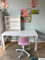 Wit IKEA Pahl bureau (128x58) met kastje en roze bureaustoel, Huis en Inrichting, Bureaus, Ophalen, In hoogte verstelbaar, Zo goed als nieuw