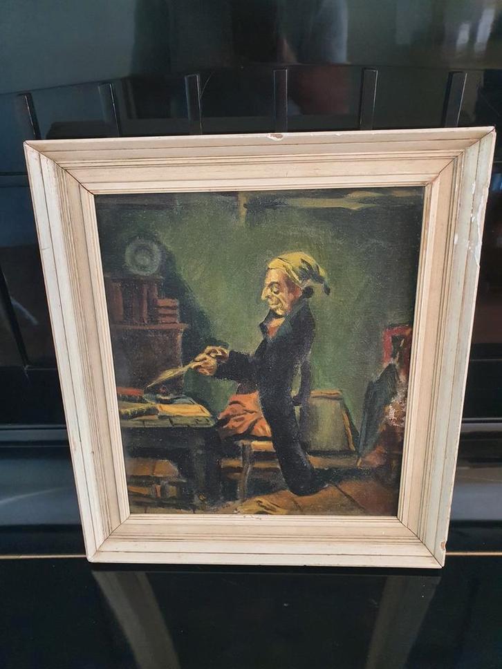 Schilderij oude man achter een bureau gesigneerd, Antiek en Kunst, Kunst | Schilderijen | Klassiek, Ophalen