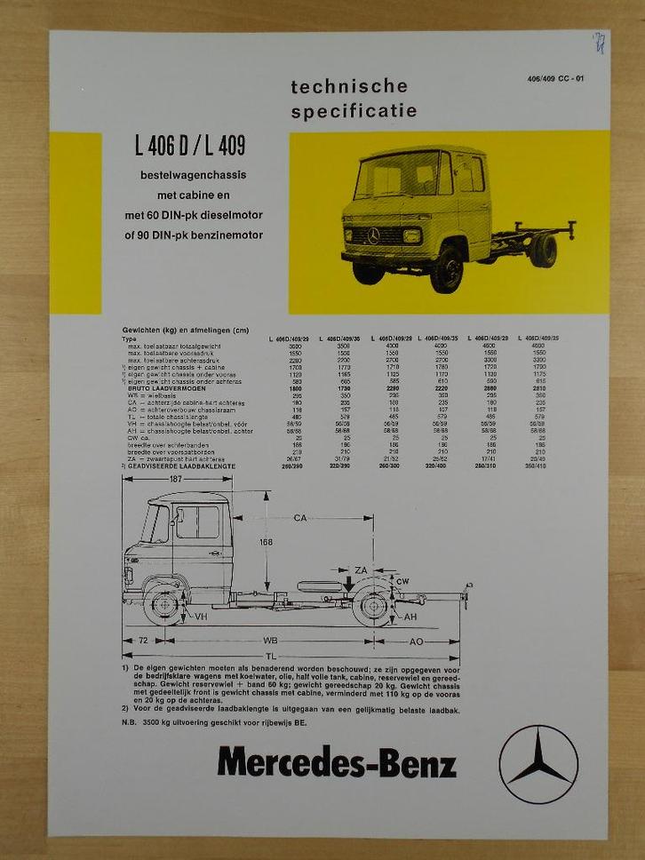 Mercedes 406 D / 409 Technische Specificatie folder 1977 CC, Boeken, Auto's | Folders en Tijdschriften, Zo goed als nieuw, Mercedes