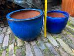 Blauwe bloempot geglazuurd 2x, Tuin en Terras, Bloempotten, Ophalen, Rond, Zo goed als nieuw, Aardewerk