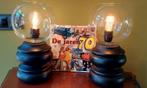 Vintage 2 masieve zware houten jaren 70 lamp + glazen bollen, Ophalen of Verzenden, Zo goed als nieuw, Glas, Minder dan 50 cm