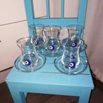 Theeglazen met schotel met blauw beschermoog 5 stuks, Huis en Inrichting, Ophalen, Glas of Glazen, Overige stijlen, Glas