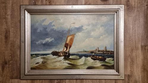 Maritiem olieverf schilderij 11080 cm in zilveren lijst, Antiek en Kunst, Kunst | Schilderijen | Klassiek, Ophalen of Verzenden