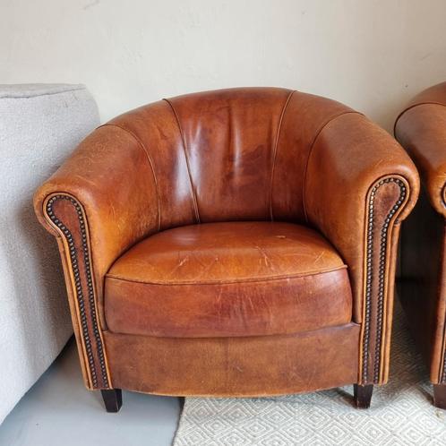 Vintage / sleetse schapenleren fauteuil Joris + BEZORGING, Huis en Inrichting, Fauteuils, Gebruikt, Leer, 75 tot 100 cm, 75 tot 100 cm
