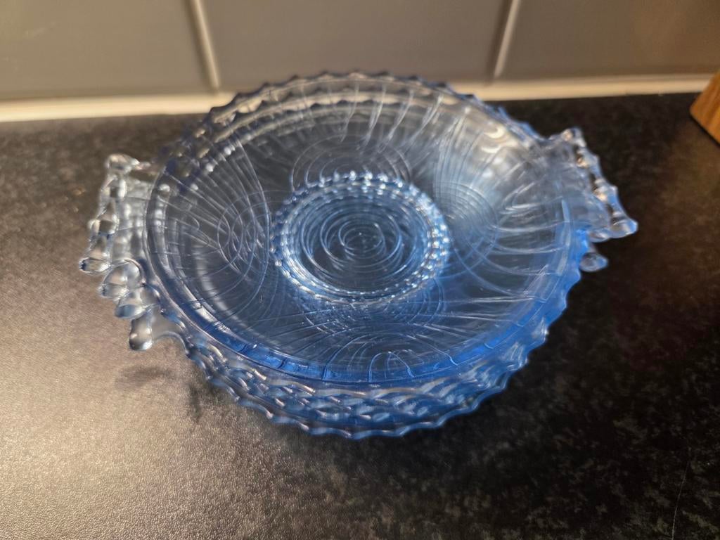5 Art Déco gebaksbordjes van geperst glas, blauw, Antiek en Kunst, Ophalen of Verzenden