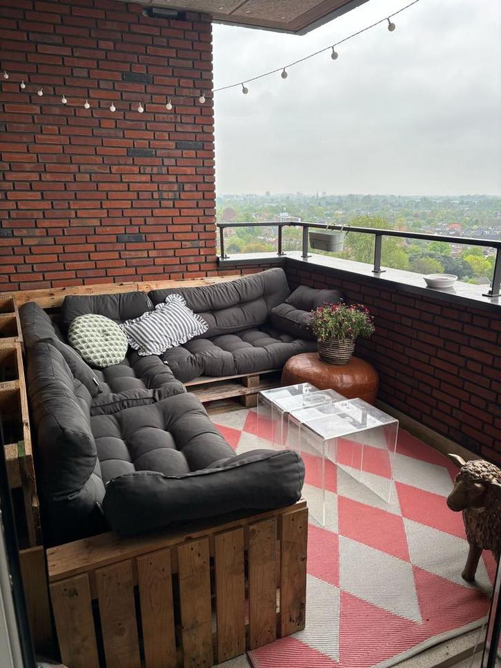 Pallet Tuinset met Kussens - Ideaal voor Balkon/Tuin, Tuin en Terras, Tuinsets en Loungesets, Gebruikt, Tuinset, Hout, 5 zitplaatsen