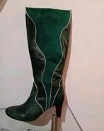 Groene laarzen patroon zilveren strepencombi leer en suede, Ophalen of Verzenden, Zo goed als nieuw, Groen