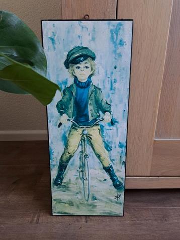 Vintage schilderijtje fietser 20 bij 49,5 cm  beschikbaar voor biedingen