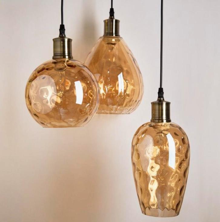 Hanglamp met 3 Glazen Bollen | amberkleur, Huis en Inrichting, Lampen | Hanglampen, Zo goed als nieuw, 75 cm of meer, Glas, Ophalen