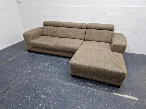 3 zits bank met longchair / hoekbank in bruine stof, Huis en Inrichting, Banken | Complete zithoeken, Gebruikt, Stof, Ophalen