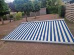 Elektrisch knikarmscherm 4.40 meter Blauw/Wit gekleurd, Ophalen, Gebruikt, Elektrisch, 150 tot 300 cm
