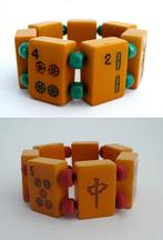 2 Amberkleurige Bakeliet - Catalin Mahjong Stenen Armbanden, Verzenden, Overige materialen, Armband