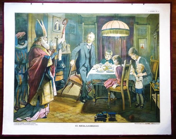 Oude schoolplaat met Sinterklaas bezoek, Antiek en Kunst, Antiek | Schoolplaten, Huis en Tuin, Ophalen of Verzenden