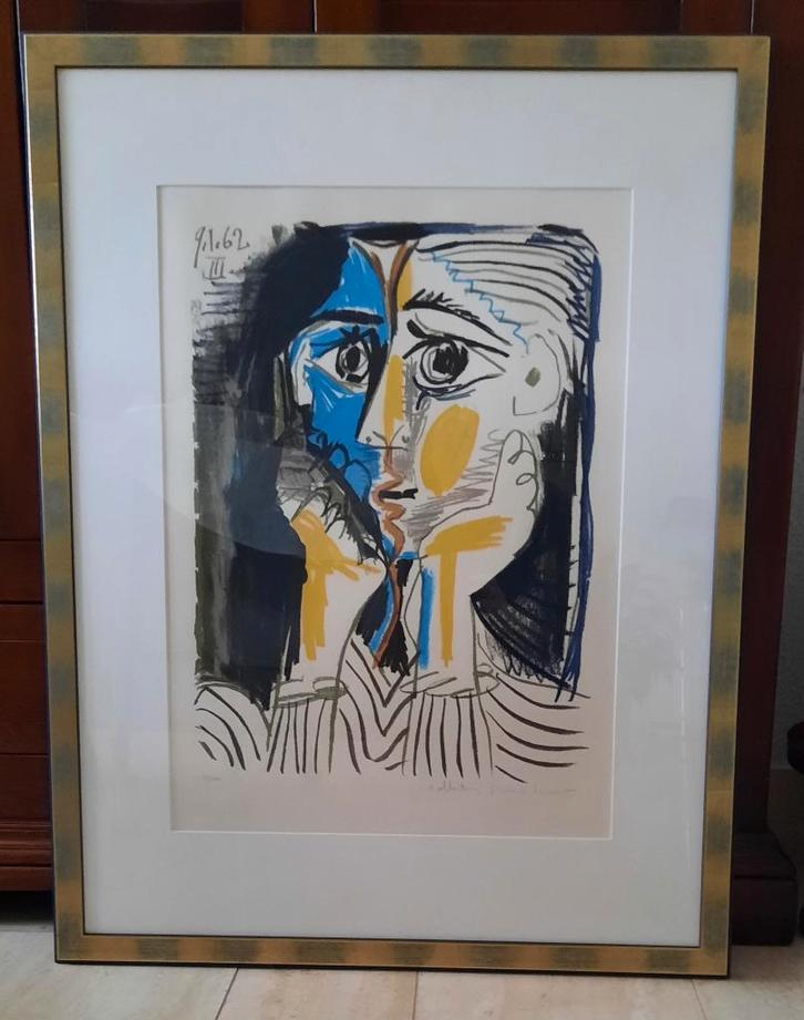 Litho Picasso Visage III 9.1.62 , ingelijst., Antiek en Kunst, Kunst | Litho's en Zeefdrukken, Ophalen of Verzenden