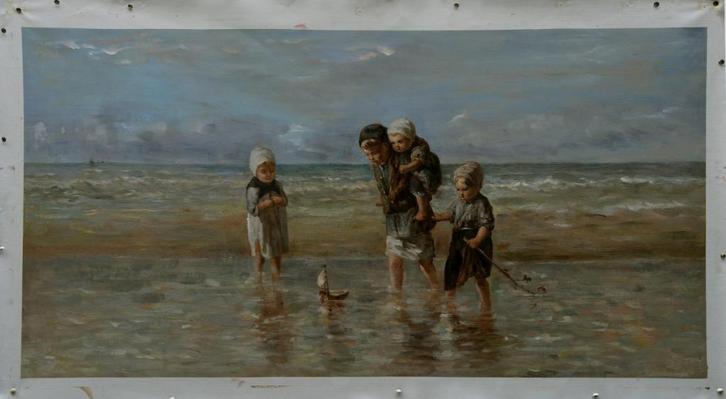 Olieverf replica Jozef Israels: kinderen der zee, Antiek en Kunst, Kunst | Schilderijen | Klassiek, Verzenden