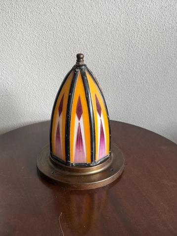 Amsterdamse School lamp koper toplicht + gebrandschilderd gl beschikbaar voor biedingen