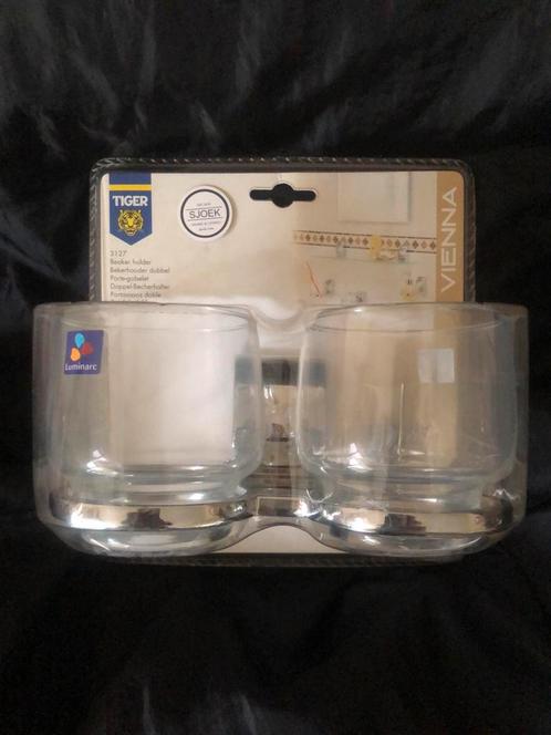 TIGER dubbele bekerhouder met glas VIENNA, Huis en Inrichting, Badkamer | Badtextiel en Accessoires, Nieuw, Overige typen, Ophalen