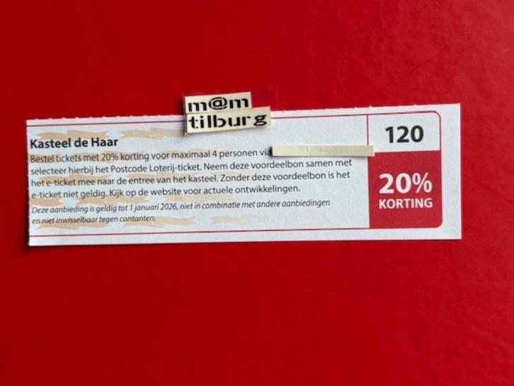 Bon 120 Kasteel de Haar 20% korting, Tickets en Kaartjes, Kortingen en Cadeaubonnen, Drie personen of meer, Overige typen, Kortingsbon